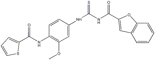 N-[4-({[(1-benzofuran-2-ylcarbonyl)amino]carbothioyl}amino)-2-methoxyphenyl]-2-thiophenecarboxamide 化学構造式