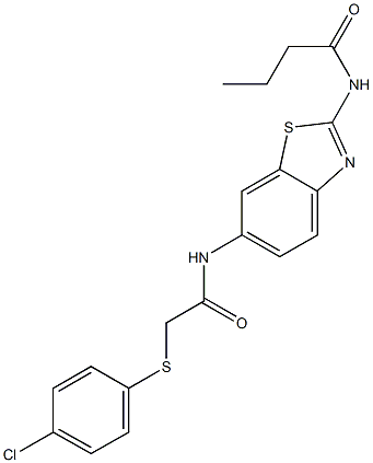 N-[6-({2-[(4-chlorophenyl)sulfanyl]acetyl}amino)-1,3-benzothiazol-2-yl]butanamide 结构式