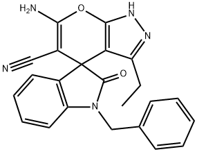 6-amino-3-ethyl-2,4-dihydropyrano[2,3-c]pyrazole-5-carbonitrile -4-spiro-3'-(1'-benzyl-1',3'-dihydro-2'H-indol-2'-one) Struktur