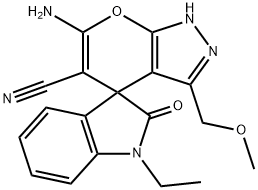 6-amino-3-(methoxymethyl)-2,4-dihydropyrano[2,3-c]pyrazole-5-carbonitrile-4-spiro-3'-(1'-ethyl-1',3'-dihydro-2'H-indol-2'-one) Structure