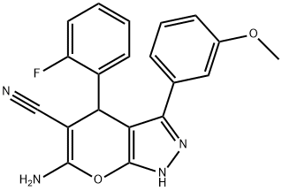6-amino-4-(2-fluorophenyl)-3-(3-methoxyphenyl)-2,4-dihydropyrano[2,3-c]pyrazole-5-carbonitrile Struktur