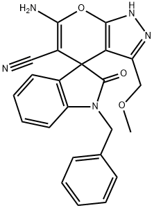 6'-amino-1-benzyl-3'-(methoxymethyl)-1,2',3,4'-tetrahydro-2-oxospiro(2H-indole-3,4'-pyrano[2,3-c]pyrazole)-5'-carbonitrile Struktur