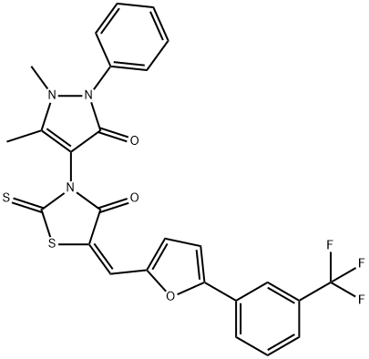 3-(1,5-dimethyl-3-oxo-2-phenyl-2,3-dihydro-1H-pyrazol-4-yl)-2-thioxo-5-({5-[3-(trifluoromethyl)phenyl]-2-furyl}methylene)-1,3-thiazolidin-4-one 结构式