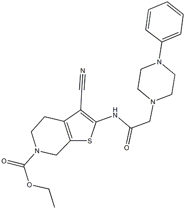 ethyl 3-cyano-2-{[(4-phenyl-1-piperazinyl)acetyl]amino}-4,7-dihydrothieno[2,3-c]pyridine-6(5H)-carboxylate 结构式