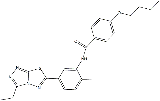 4-butoxy-N-[5-(3-ethyl[1,2,4]triazolo[3,4-b][1,3,4]thiadiazol-6-yl)-2-methylphenyl]benzamide 化学構造式