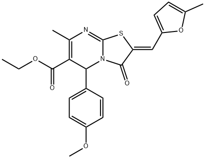 ethyl 5-(4-methoxyphenyl)-7-methyl-2-[(5-methyl-2-furyl)methylene]-3-oxo-2,3-dihydro-5H-[1,3]thiazolo[3,2-a]pyrimidine-6-carboxylate,878384-65-7,结构式