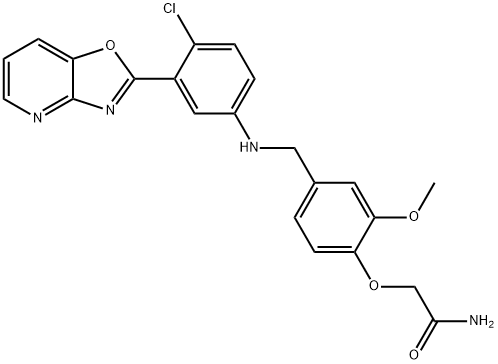 2-{4-[(4-chloro-3-[1,3]oxazolo[4,5-b]pyridin-2-ylanilino)methyl]-2-methoxyphenoxy}acetamide 结构式