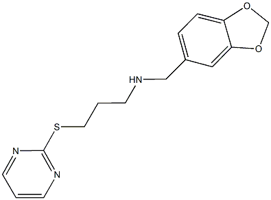 N-(1,3-benzodioxol-5-ylmethyl)-N-[3-(2-pyrimidinylsulfanyl)propyl]amine Structure