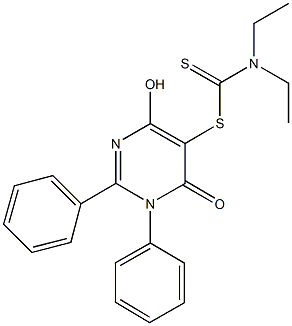 4-hydroxy-6-oxo-1,2-diphenyl-1,6-dihydropyrimidin-5-yl diethyldithiocarbamate Structure