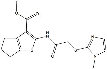 methyl 2-({[(1-methyl-1H-imidazol-2-yl)sulfanyl]acetyl}amino)-5,6-dihydro-4H-cyclopenta[b]thiophene-3-carboxylate 结构式