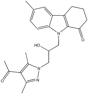 9-[3-(4-acetyl-3,5-dimethyl-1H-pyrazol-1-yl)-2-hydroxypropyl]-6-methyl-2,3,4,9-tetrahydro-1H-carbazol-1-one,890642-41-8,结构式