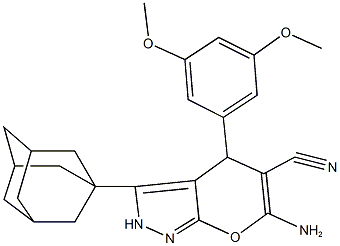 3-(1-adamantyl)-6-amino-4-(3,5-dimethoxyphenyl)-2,4-dihydropyrano[2,3-c]pyrazole-5-carbonitrile Struktur