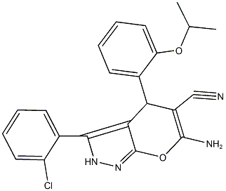 6-amino-3-(2-chlorophenyl)-4-(2-isopropoxyphenyl)-2,4-dihydropyrano[2,3-c]pyrazole-5-carbonitrile Struktur