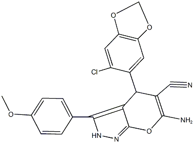 6-amino-4-(6-chloro-1,3-benzodioxol-5-yl)-3-(4-methoxyphenyl)-2,4-dihydropyrano[2,3-c]pyrazole-5-carbonitrile,891461-18-0,结构式