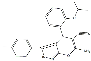 6-amino-3-(4-fluorophenyl)-4-(2-isopropoxyphenyl)-2,4-dihydropyrano[2,3-c]pyrazole-5-carbonitrile Struktur