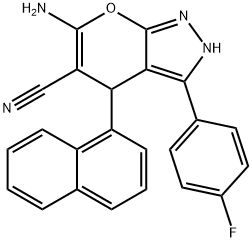 6-amino-3-(4-fluorophenyl)-4-(1-naphthyl)-2,4-dihydropyrano[2,3-c]pyrazole-5-carbonitrile Struktur