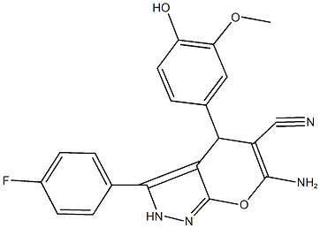 6-amino-3-(4-fluorophenyl)-4-(4-hydroxy-3-methoxyphenyl)-2,4-dihydropyrano[2,3-c]pyrazole-5-carbonitrile Structure