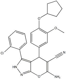 6-amino-3-(2-chlorophenyl)-4-[4-(cyclopentyloxy)-3-methoxyphenyl]-2,4-dihydropyrano[2,3-c]pyrazole-5-carbonitrile 化学構造式