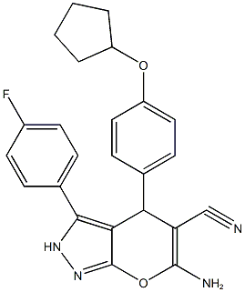 6-amino-4-[4-(cyclopentyloxy)phenyl]-3-(4-fluorophenyl)-2,4-dihydropyrano[2,3-c]pyrazole-5-carbonitrile Struktur