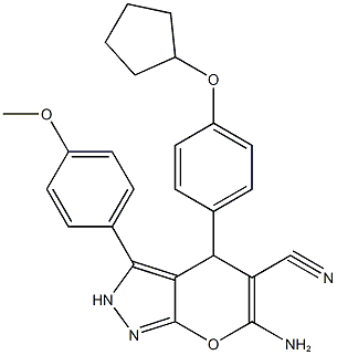 6-amino-4-[4-(cyclopentyloxy)phenyl]-3-(4-methoxyphenyl)-2,4-dihydropyrano[2,3-c]pyrazole-5-carbonitrile 结构式