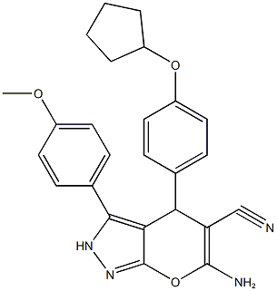 6-amino-4-[4-(cyclopentyloxy)phenyl]-3-(4-methoxyphenyl)-2,4-dihydropyrano[2,3-c]pyrazole-5-carbonitrile,891462-41-2,结构式