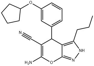 6-amino-4-[3-(cyclopentyloxy)phenyl]-3-propyl-2,4-dihydropyrano[2,3-c]pyrazole-5-carbonitrile Structure