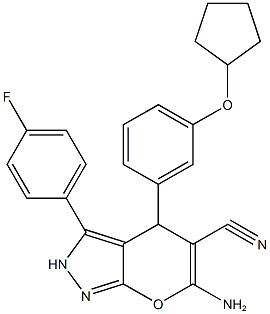 6-amino-4-[3-(cyclopentyloxy)phenyl]-3-(4-fluorophenyl)-2,4-dihydropyrano[2,3-c]pyrazole-5-carbonitrile,891462-67-2,结构式