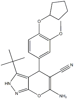 6-amino-3-tert-butyl-4-[4-(cyclopentyloxy)-3-methoxyphenyl]-2,4-dihydropyrano[2,3-c]pyrazole-5-carbonitrile 结构式