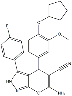 6-amino-4-[4-(cyclopentyloxy)-3-methoxyphenyl]-3-(4-fluorophenyl)-2,4-dihydropyrano[2,3-c]pyrazole-5-carbonitrile Structure