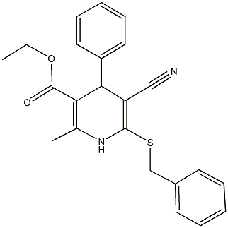 ethyl 6-(benzylsulfanyl)-5-cyano-2-methyl-4-phenyl-1,4-dihydro-3-pyridinecarboxylate Struktur