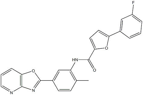 5-(3-fluorophenyl)-N-(2-methyl-5-[1,3]oxazolo[4,5-b]pyridin-2-ylphenyl)-2-furamide 化学構造式