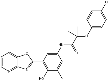 2-(4-chlorophenoxy)-N-(4-hydroxy-3-methyl-5-[1,3]oxazolo[4,5-b]pyridin-2-ylphenyl)-2-methylpropanamide 化学構造式