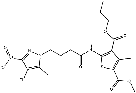 2-methyl 4-propyl 5-[(4-{4-chloro-3-nitro-5-methyl-1H-pyrazol-1-yl}butanoyl)amino]-3-methyl-2,4-thiophenedicarboxylate Structure