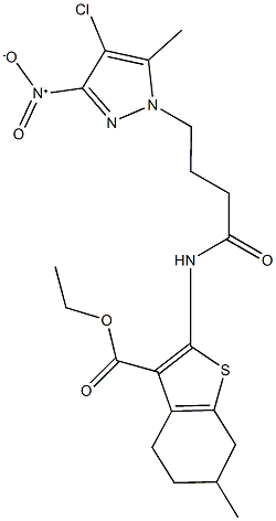 ethyl 2-[(4-{4-chloro-3-nitro-5-methyl-1H-pyrazol-1-yl}butanoyl)amino]-6-methyl-4,5,6,7-tetrahydro-1-benzothiophene-3-carboxylate 化学構造式