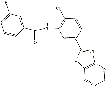 N-(2-chloro-5-[1,3]oxazolo[4,5-b]pyridin-2-ylphenyl)-3-fluorobenzamide 化学構造式