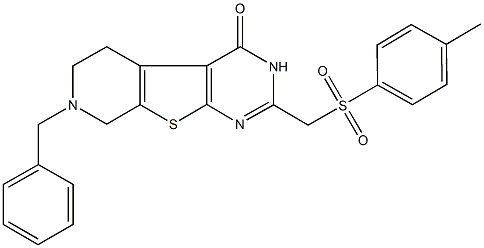 7-benzyl-2-{[(4-methylphenyl)sulfonyl]methyl}-5,6,7,8-tetrahydropyrido[4',3':4,5]thieno[2,3-d]pyrimidin-4(3H)-one Struktur