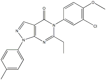 5-(3-chloro-4-methoxyphenyl)-6-ethyl-1-(4-methylphenyl)-1,5-dihydro-4H-pyrazolo[3,4-d]pyrimidin-4-one 化学構造式