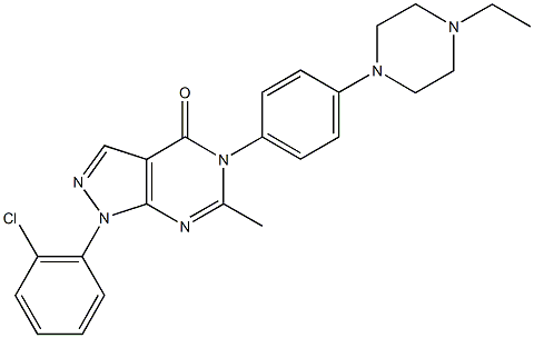 1-(2-chlorophenyl)-5-[4-(4-ethyl-1-piperazinyl)phenyl]-6-methyl-1,5-dihydro-4H-pyrazolo[3,4-d]pyrimidin-4-one 化学構造式