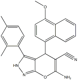 6-amino-3-(2,4-dimethylphenyl)-4-(4-methoxy-1-naphthyl)-2,4-dihydropyrano[2,3-c]pyrazole-5-carbonitrile 结构式