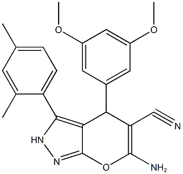6-amino-4-(3,5-dimethoxyphenyl)-3-(2,4-dimethylphenyl)-2,4-dihydropyrano[2,3-c]pyrazole-5-carbonitrile Struktur