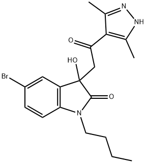 5-bromo-1-butyl-3-[2-(3,5-dimethyl-1H-pyrazol-4-yl)-2-oxoethyl]-3-hydroxy-1,3-dihydro-2H-indol-2-one 化学構造式