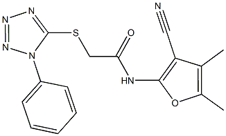 N-(3-cyano-4,5-dimethyl-2-furyl)-2-[(1-phenyl-1H-tetraazol-5-yl)sulfanyl]acetamide Struktur