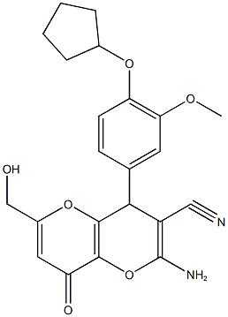 2-amino-4-[4-(cyclopentyloxy)-3-methoxyphenyl]-6-(hydroxymethyl)-8-oxo-4,8-dihydropyrano[3,2-b]pyran-3-carbonitrile 化学構造式
