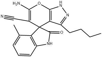 6'-amino-3'-butyl-4-methyl-2-oxo-1,1',3,4'-tetrahydrospiro(2H-indole-3,4'-pyrano[2,3-c]pyrazole)-5'-carbonitrile,923552-51-6,结构式
