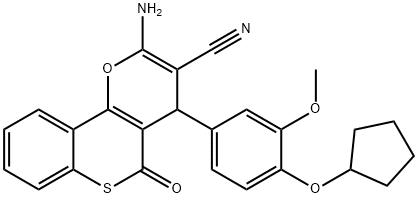 2-amino-4-[4-(cyclopentyloxy)-3-methoxyphenyl]-5-oxo-4H,5H-thiochromeno[4,3-b]pyran-3-carbonitrile Struktur