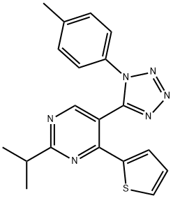 2-isopropyl-5-[1-(4-methylphenyl)-1H-tetraazol-5-yl]-4-(2-thienyl)pyrimidine Struktur