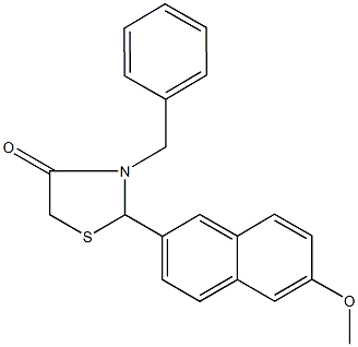 3-benzyl-2-(6-methoxy-2-naphthyl)-1,3-thiazolidin-4-one 化学構造式