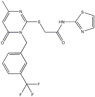 2-({4-methyl-6-oxo-1-[3-(trifluoromethyl)benzyl]-1,6-dihydro-2-pyrimidinyl}sulfanyl)-N-(1,3-thiazol-2-yl)acetamide 化学構造式