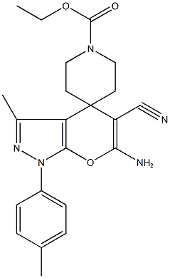 ethyl 6'-amino-5'-cyano-3'-methyl-1'-(4-methylphenyl)-1',4'-dihydrospiro(piperidine-4,4'-pyrano[2,3-c]pyrazole)-1-carboxylate 化学構造式
