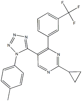 2-cyclopropyl-5-[1-(4-methylphenyl)-1H-tetraazol-5-yl]-4-[3-(trifluoromethyl)phenyl]pyrimidine,943412-03-1,结构式